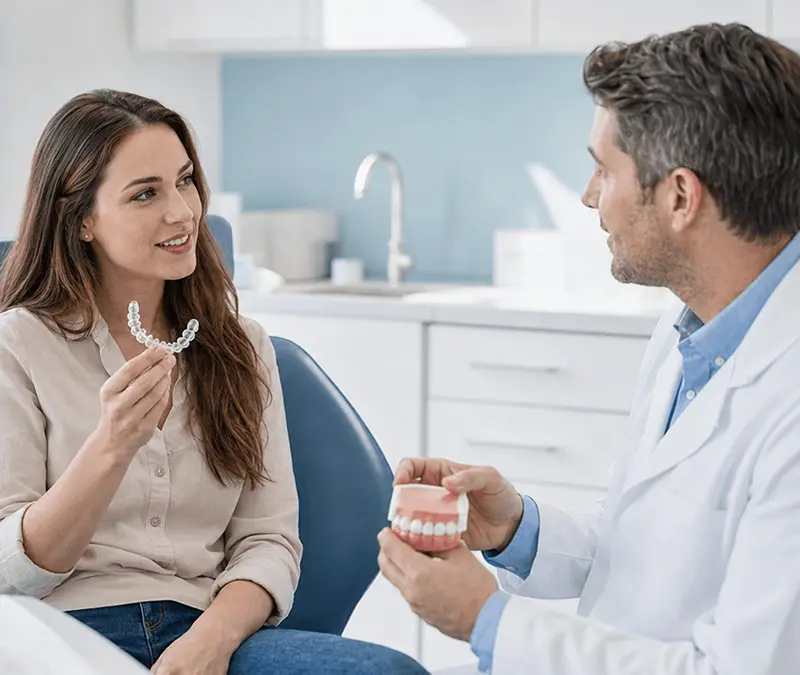 Clear Aligner Consultation in Brantford Patient holding clear aligners during a dental consultation.